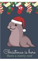 Christmas Is Here Have A Merry One: Festive Kawaii Chibi Seal Dressed Up Like Santa with a Red White Hat. Holiday Stockings and Ornaments Notebook Cover. Great Journal Gift or Stocking