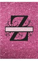 Z - Journal & Notebook: Monogram Letter Z Journal, Notebook with Unicorn Motif on Back and Pink - Glitter Effect Cover