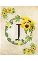 J: Monogram Initial J Notebook for Women and Girls- 8.5" x 11" - 100 pages, college rule - Sunflower, Floral, Flowers