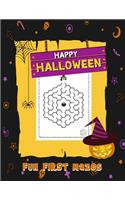 Happy Halloween Fun First Mazes: Activity Book For Kids Puzzle Games Mazes Connect The Dot Bonus Match Shadow For Ages 3-5, 4-8 Perfect Gift
