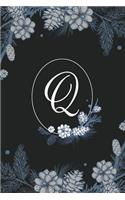 Q: Elegant Black & Blue Stylish Floral Monogram Initial Q Notebook Blank Lined Paper Journal Gift for Women & Girls
