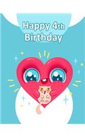 Happy 4th Birthday: Cute Heart and Cat Themed, Primary Writing Tablet for 4 Year Old Kids Learning How to Write, 65 Sheets of Practice Paper with 1 Ruling Designed for Preschoolers
