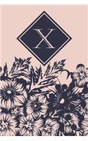 X: Elegant Monogrammed Blank Dotted Journal: Beautiful and Classic Bulleted Dot Grid Notebook: Pink and Navy Floral Design