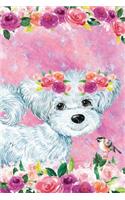 Bullet Journal Notebook for Dog Lovers White Fluffy Puppy in Flowers 3