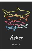 Asher - Notebook: Blank Lined Personalized & Customized Name 80s Neon Retro Shark Notebook Journal for Men & Boys. Funny Sharks Desk Accessories Item for 1st Grade / 