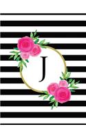 Black and White Striped Pink Floral Monogram Journal with Letter J