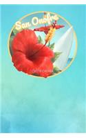 San Onofre California: Cute Red Hibiscus Surfing Beach and Surfboard Dotted Grid Bullet Journal Notebook - 100 Pages 6 X 9 Inches Log Book