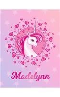 Madelynn: Unicorn Large Blank Primary Handwriting Learn to Write Practice Paper for Girls - Pink Purple Magical Horse Personalized Letter M Initial Custom Fir