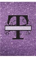 T - Journal & Notebook: Monogram Letter T, Journal, Notebook with Unicorn Motif on Back and - Purple Glitter Effect Cover