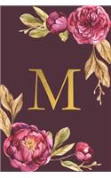 M: Personalized Initial Monogram Blank Lined Notebook Journal Printed Peony flowers, for Women and Girls 6x9 inch. Christmas gift, birthday gift idea