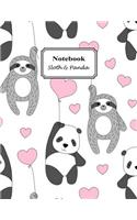 Notebook Sloth & Panda: Whimsical Sloth Panda Bear Holding Pink Heart Balloons (Blank Journal Composition Book) Large 8.5 X 11 Inches 110 Pages