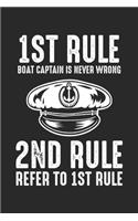 1st Rule Boat Captain is never wrong 2nd Refer to 1st Rule: Boat Captain Funny Rules Fisherman Sailor Notebook 6x9 Inches 120 lined pages for notes Notebook 6x9 Inches - 120 lined pages for notes, drawings, f