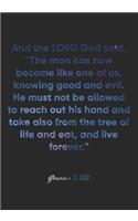 Genesis 3: 22 Notebook: And the LORD God said, "The man has now become like one of us, knowing good and evil. He must not be allowed to reach out his hand and 