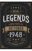 Real Legends were born in Oktober 1948: Vintage Birthday Notebook - Great Individual Gift for Writing Notes, Scribble and Reminders lined 6x9 Inch 100 Pages