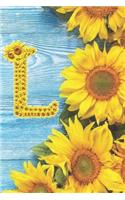 L: Sunflower Personalized Initial Letter L Monogram Blank Lined Notebook, Journal and Diary with a Rustic Blue Wood Background