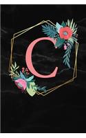 C: Monogramm Buchstabe C 120 Seiten DIN A5 Notizbuch Marmor Gold Schwarz personalisiert Name farbige Blumen Initial Tagebuch für Frauen und Mädchen