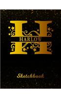 Harlow Sketchbook: Letter H Personalized First Name Personal Drawing Sketch Book for Artists & Illustrators Black Gold Space Glittery Effect Cover Scrapbook Notepad & 