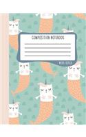 Composition Notebook: Wide Ruled: 100+ Lined Pages Writing Journal: Cute Cat Mermaid 1158