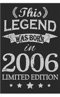This Legend Was Born In 2006: Blank Lined Journal, Happy Birthday Sketchbook, Notebook, Diary Perfect Gift For 13 Year Old Boys And Girls