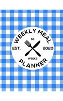 Weekly Meal Planner 2020: 55 Weeks of daily Meals planning, Shopping list with fields to mark. No more wasting food. Meals diary, Journal - Original blue chequered pattern.