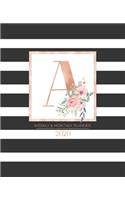 Weekly & Monthly Planner 2020 A: Black and White Stripes Rose Gold Monogram Letter A with Pink Flowers (7.5 x 9.25 in) Horizontal at a glance Personalized Planner for Women Moms Gir