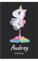 Audrey - Notebook: Blank Lined Personalized & Customized Name Rainbow Farting Unicorn School Notebook / Journal for Girls & Women. Funny Unicorn Desk Accessories for K