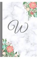 W: Letter W Monogram Floral Marble Journal, Pretty Pink Flowers on Elegant White & Grey Marble Notebook Cover, Stylish Gray Personal Name Initial, 6x9 