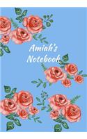 Amiah's Notebook: Personalized Journal - Garden Flowers Pattern. Red Rose Blooms on Baby Blue Cover. Dot Grid Notebook for Notes, Journaling. Floral Watercolor Design