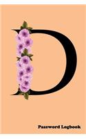 D Password Logbook: Large Print Password Book, Cute peach cover with name letter monogram cherry blossom, 6" x 9" 6x9 password organizer, glossy cover, 110 pages, handy