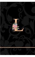 L: Letter L Monogram Floral Journal, Pink Flowers on Elegant Black, Personal Name Initial Personalized Journal, 6x9 Inch Blank Lined College Ruled Note