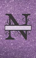 N - Journal & Notebook: Monogram Letter N, Journal, Notebook with Unicorn Motif on Back and - Purple Glitter Effect Cover(14 Purple Glitter Cover 6" X 9" 150pg)