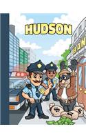 Hudson: First Name Personalized Sketchbook with Large Blank Pages Pad for Drawing, Doodling and Sketching. Colorful Police Officers Cartoon Cover for Kids, 