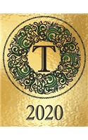Weekly Planner Initial Monogram "T" January 2020 - December 2020: Personalized 12-Month Large Print Letter-Sized Schedule Organizer by Week Printed and Designed in USA Metallic Gold Black Green Leaf(20 2020 Metallic Gold Bg - Elegant Black/Green Medallion)
