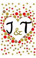 J and T Personalized Monogrammed notebook journal gift with Two Initials for Couples and lovers on valentine's day, wedding anniversary and special occasions with beautiful golden glitter red and confetti cover