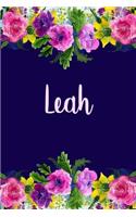 Leah: Personalized Name Pink Floral Design Matte Soft Cover Notebook Journal to Write In. 120 Blank Lined Pages