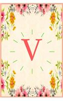 V: Monogram Initial V Notebook for Women, Girls and School, Pink Floral 6 x 9 In