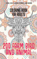 200 Farm Bird and Animal - Coloring Book for adults - Cow, Сolt, Aries, Horse, and more