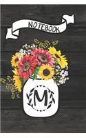 Notebook M: Rustic Sunflower Monogram Initial M Journal: Blank Lined and Dot Grid Paper Interior Pages: Small Purse-Sized Notebook