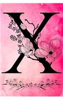 X: Initial Monogram Pink Watercolor Flower Notebook Floral Dot Grid Writing and Point Matrix Notes Journal Organize for Women and Teens
