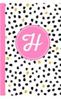 H: Confetti Polka Dot Letter H Monogram Personalized Journal, Black White & Pink Monogrammed Notebook, Lined 6x9 Inch College Ruled 120 Page Perfect Bo