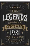 Real Legends were born in September 1931: Vintage Birthday Notebook - Great Individual Gift for Writing Notes, Scribble and Reminders lined 6x9 Inch 100 Pages