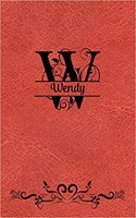 Split Letter Personalized Name Journal - Wendy: Elegant Flourish Capital Letter on Orange Leather Look Background
