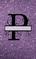 P - Journal & Notebook: Monogram Letter P, Journal, Notebook with Unicorn Motif on Back and - Purple Glitter Effect Cover