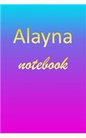 Alayna: Blank Notebook - Wide Ruled Lined Paper Notepad - Writing Pad Practice Journal - Custom Personalized First Name Initial A Blue Purple Gold - Taking 