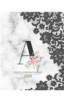 Weekly & Monthly Planner 2020 A: Black Lace Marble Monogram Letter A with Pink Flowers (7.5 x 9.25 in) Horizontal at a glance Personalized Planner for Women Moms Girls and School