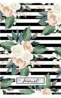 Floral Journal Vintage Bouquet: Blush and Cream Roses on Black and White Striped Background