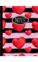 Notes: Hearts and Stripes Valentine's Day Notebook 8.5" X 11" 110 Wide Ruled