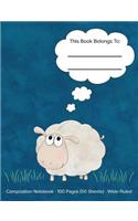 Composition Notebook: Cute Sheep Blue Background; Wide Ruled Pages