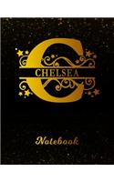 Chelsea Notebook: Letter C Personalized First Name Personal Writing Notepad Journal Black Gold Glittery Pattern Effect Cover Wide Ruled Lined Paper for Journalists & 