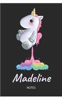 Madeline - Notes: Noms Personnalisé Carnet de notes / Journal pour les filles et les femmes. Kawaii Licorne pétant arc-en-ciel. Accessoires de licorne amusants et fou